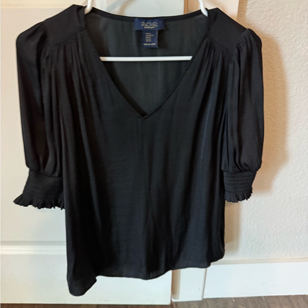 RACHEL Rachel Roy Black V-Neck Blouse with Puff Sleeves